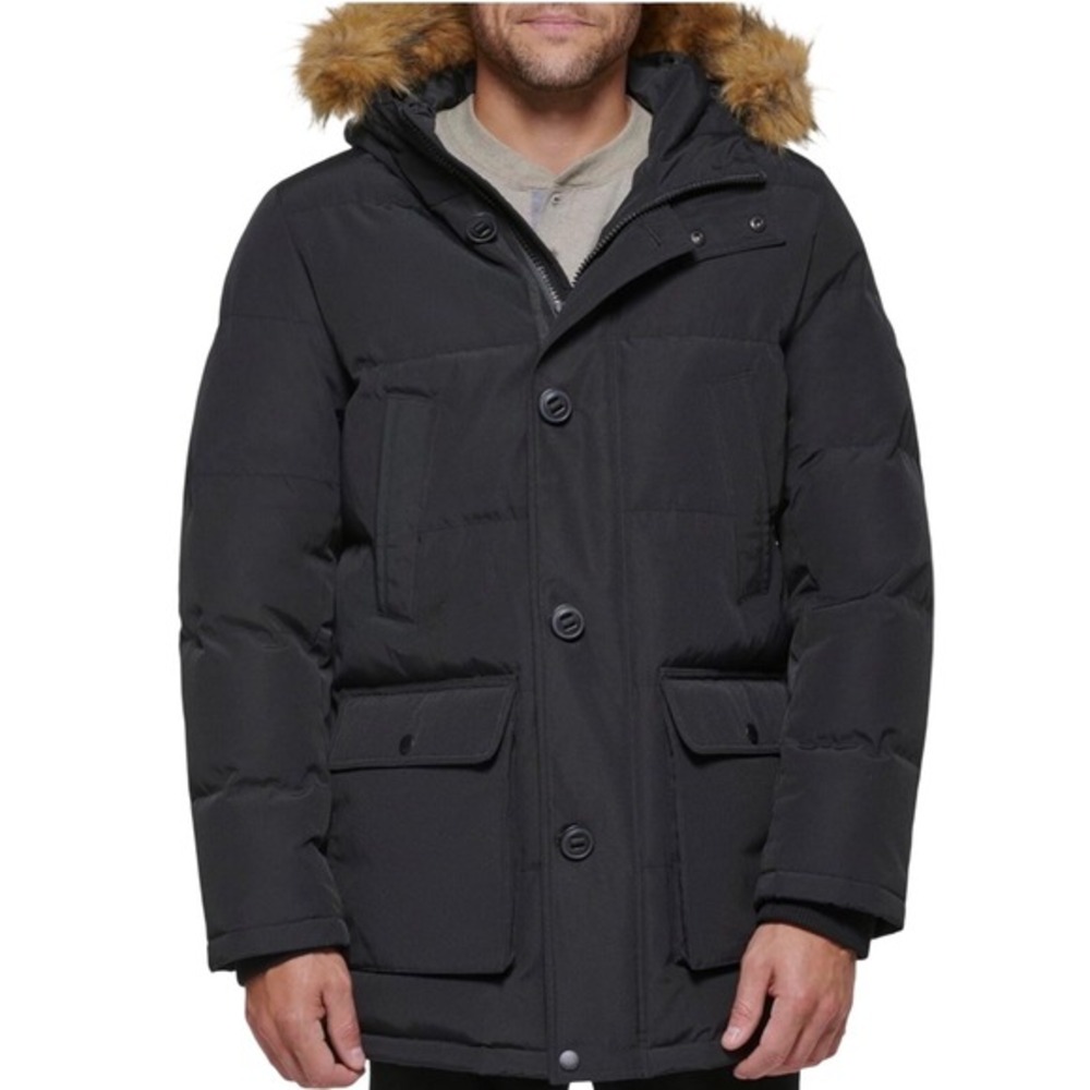 Tommy‎ Hilfiger Men Black Puffer Parka Coat Fur Hood Winter Warm Size M